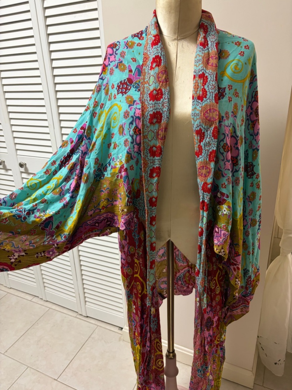 Free People Floral Paisley Kimono in Aqua, Red & Tan